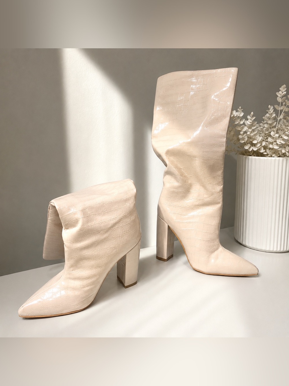 Women's Knee-High Pointed Toe Block Heel Boots - Cream